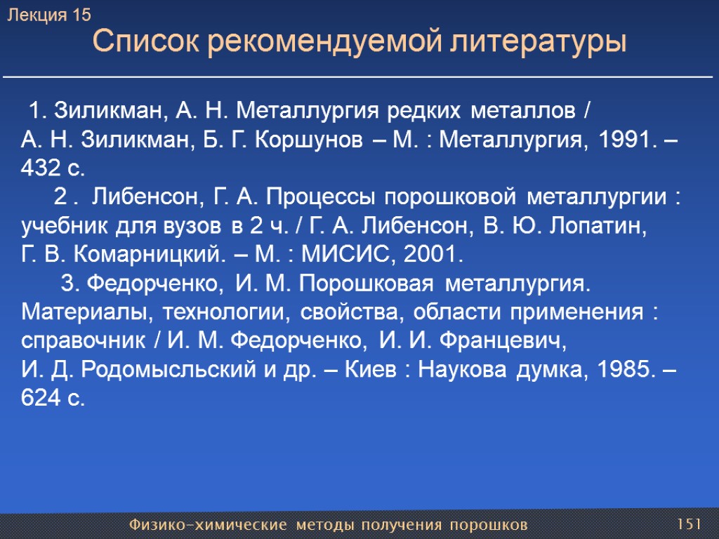 Физико-химические методы получения порошков 151 1. Зиликман, А. Н. Металлургия редких металлов / А.